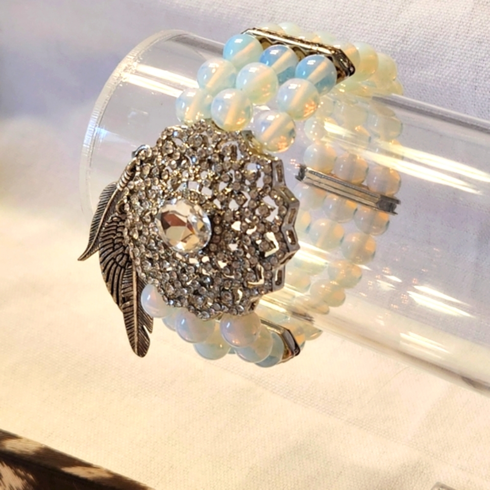 Austrian Crystal Medallion Bracelet with Feather Charms & Opalite Beads